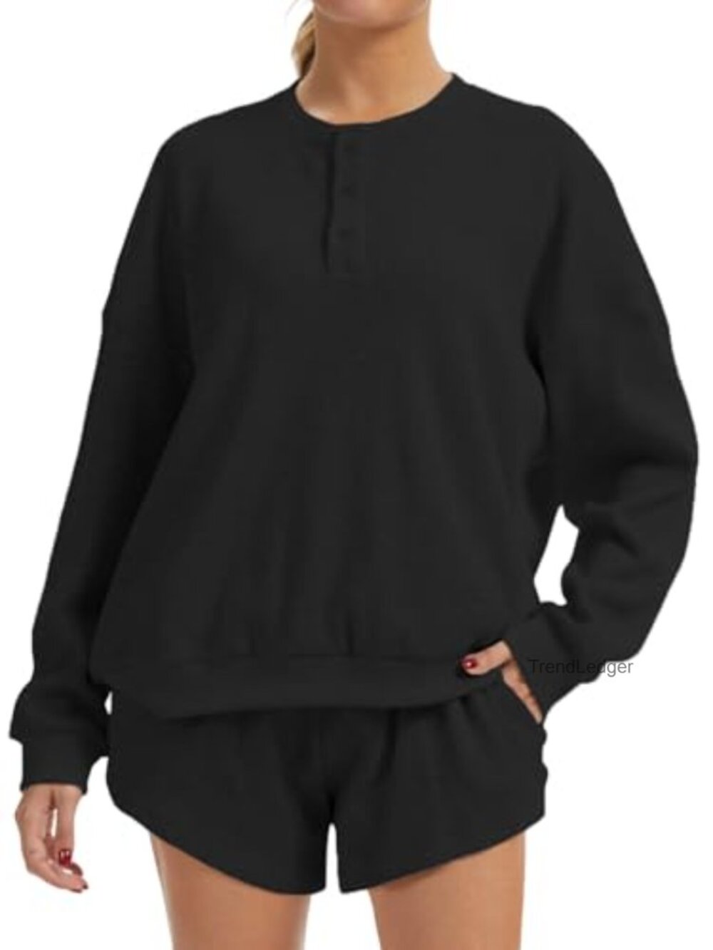 Waffle Knit 2 Piece Lounge Short Set Oversized Henley Sweatshirt Casual